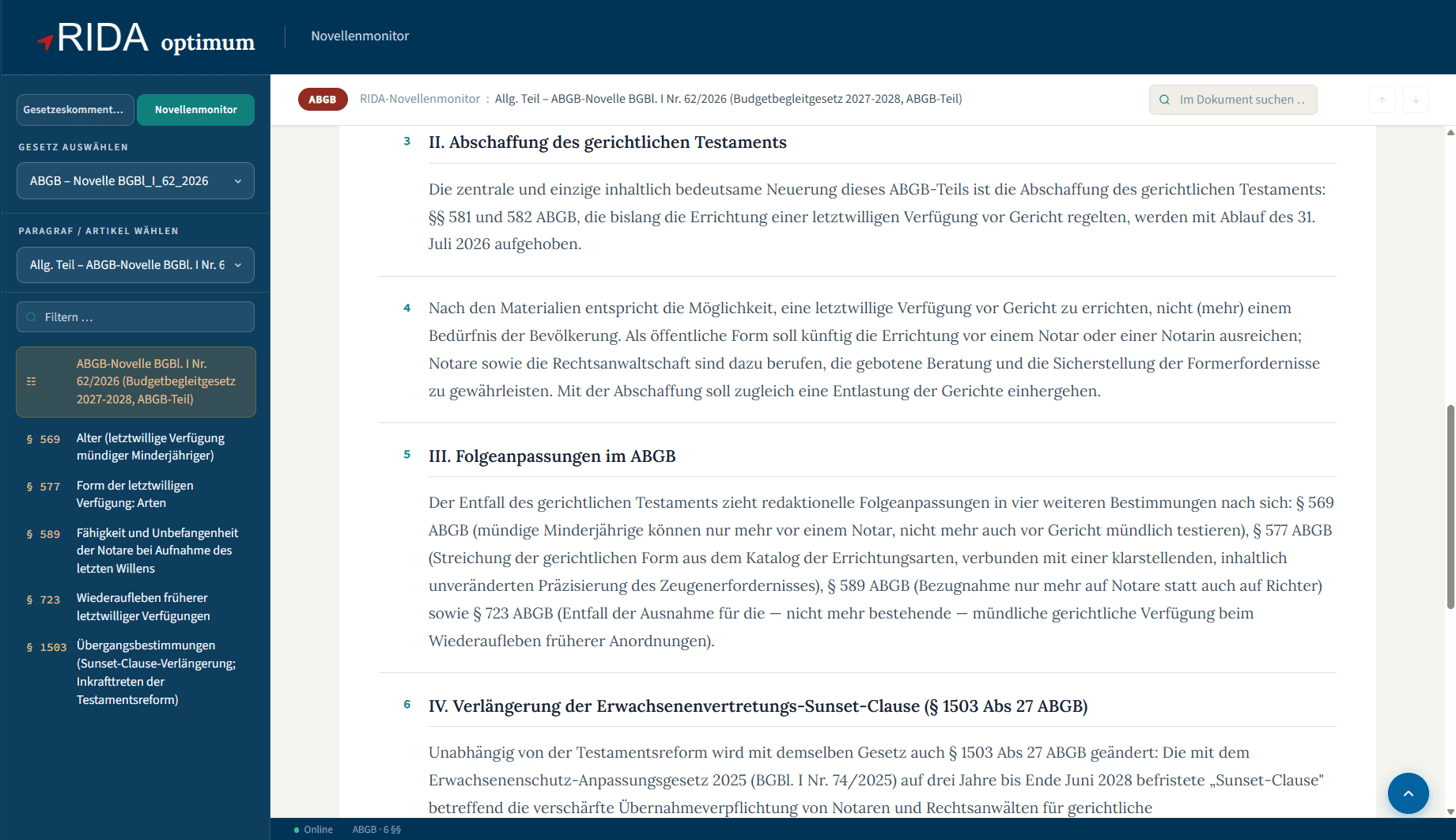 RIDA Novellenmonitor: Einleitung beschreibt die inhaltliche Änderung am Beispiel der ABGB-Novelle zur Abschaffung des gerichtlichen Testaments