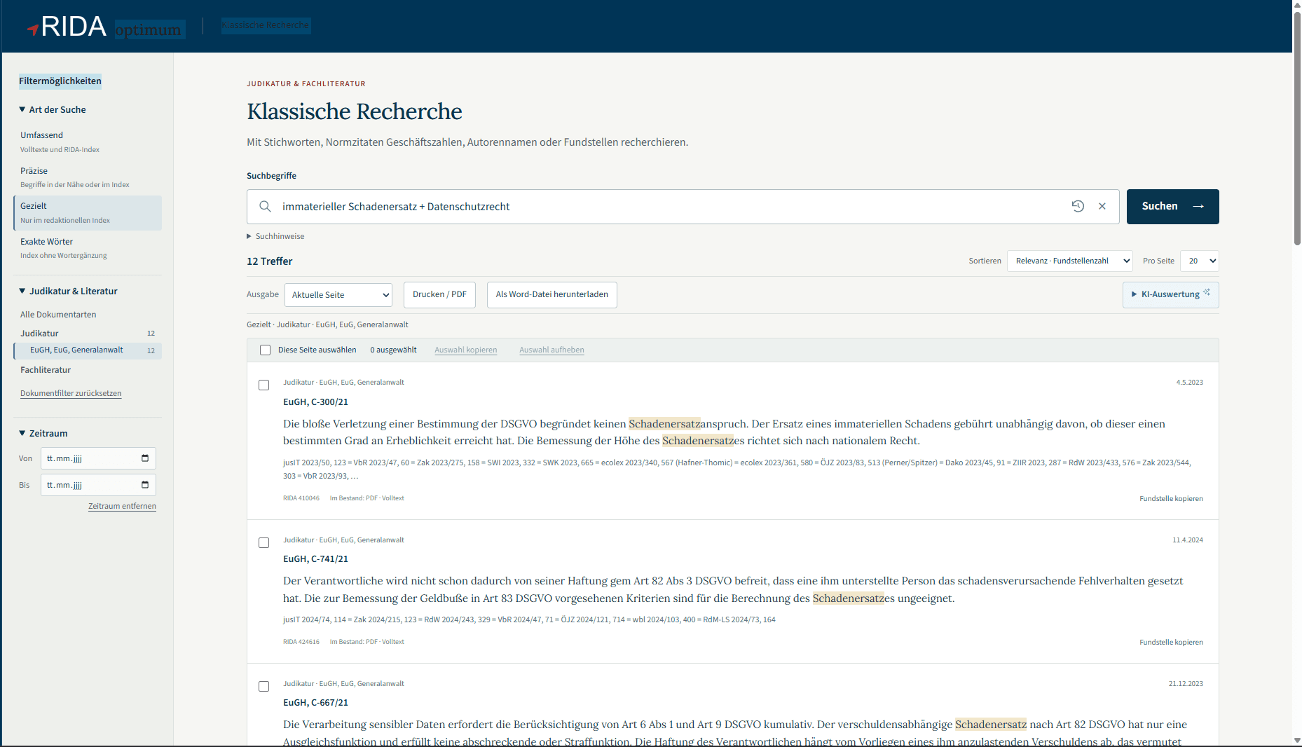 RIDA Klassische Recherche: Kurzanzeige der Trefferliste zu einer Judikatursuche