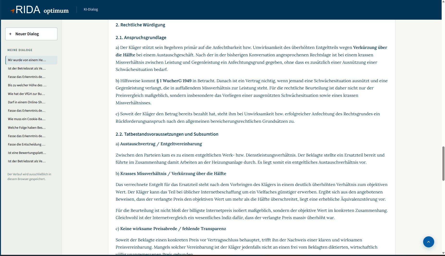 RIDA KI-Dialog: Entwurf eines Schriftsatzes auf Basis der rechtlichen Würdigung